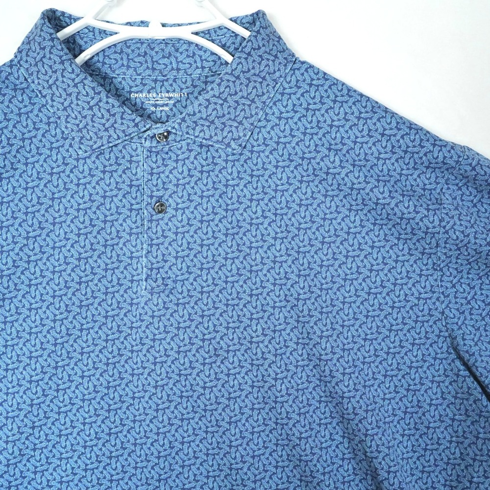 Charles Tyrwhitt Mens XL Blue Leaf Print Cotton Sorona Short Sleeve Polo Shirt